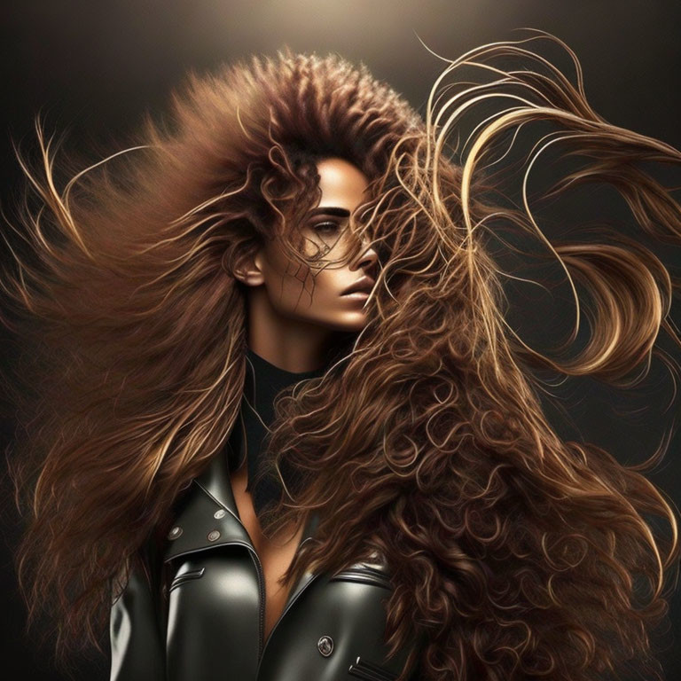 Woman with Voluminous Curly Hair in Dynamic Pose and Black Leather Jacket