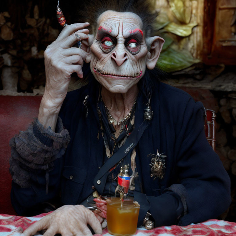 Elaborate goblin makeup person sitting at table with drink