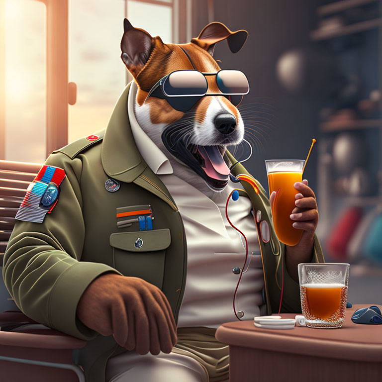 Anthropomorphic dog in military jacket with sunglasses sips juice.