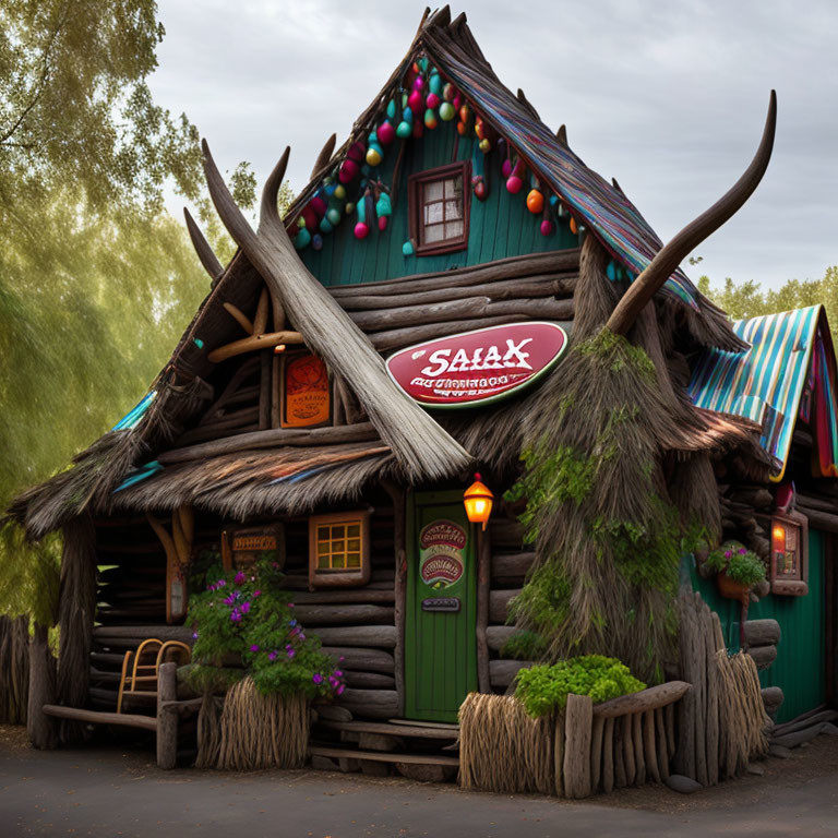 Colorful Wooden House with Steep Roof and Antlers Entrance