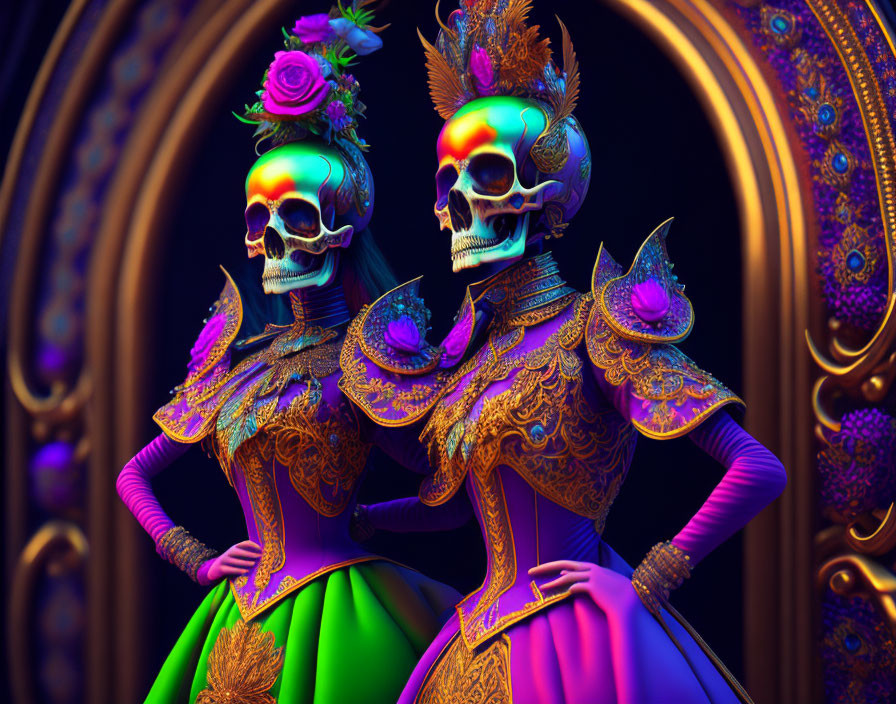 Vibrantly dressed skeletal figures with floral headpieces on dark backdrop