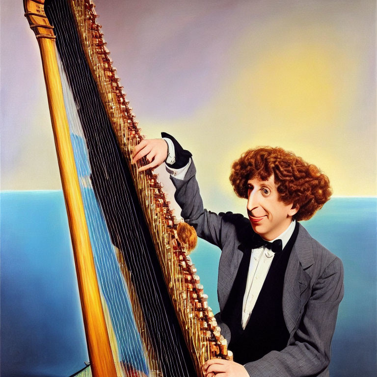 Curly-haired person in tuxedo plays harp by the sea