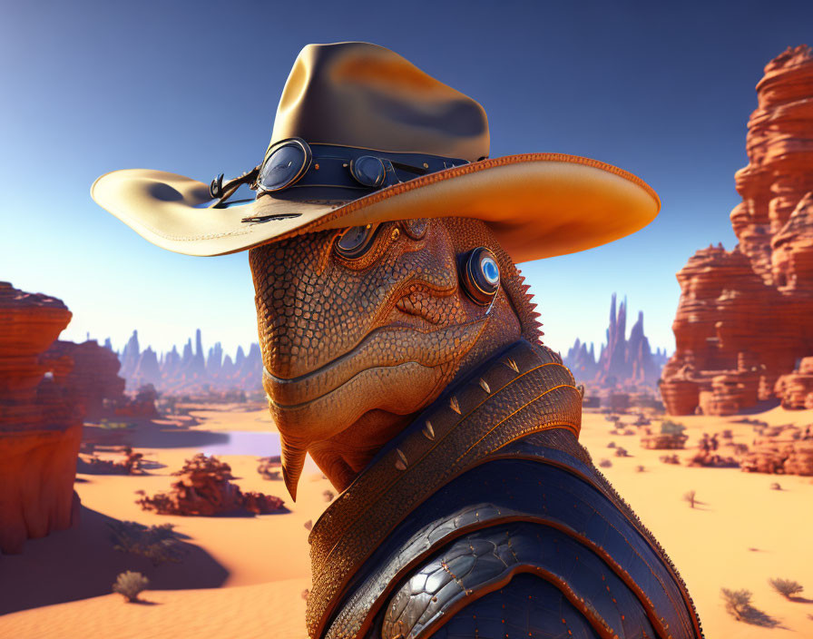 Anthropomorphic lizard in cowboy hat with goggles on desert landscape