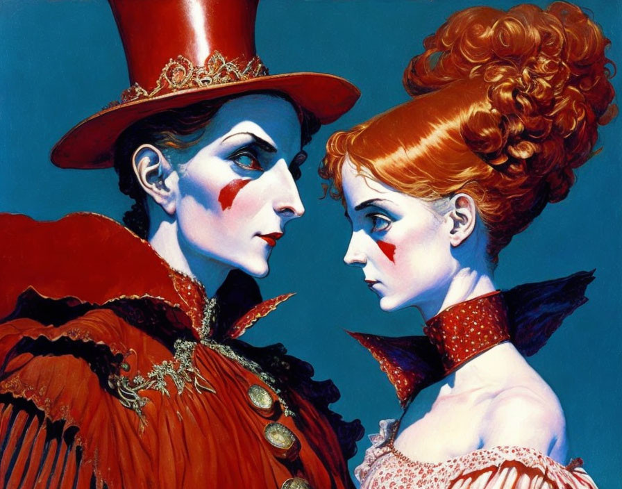 Stylized red ringmaster and woman with red hair on blue background