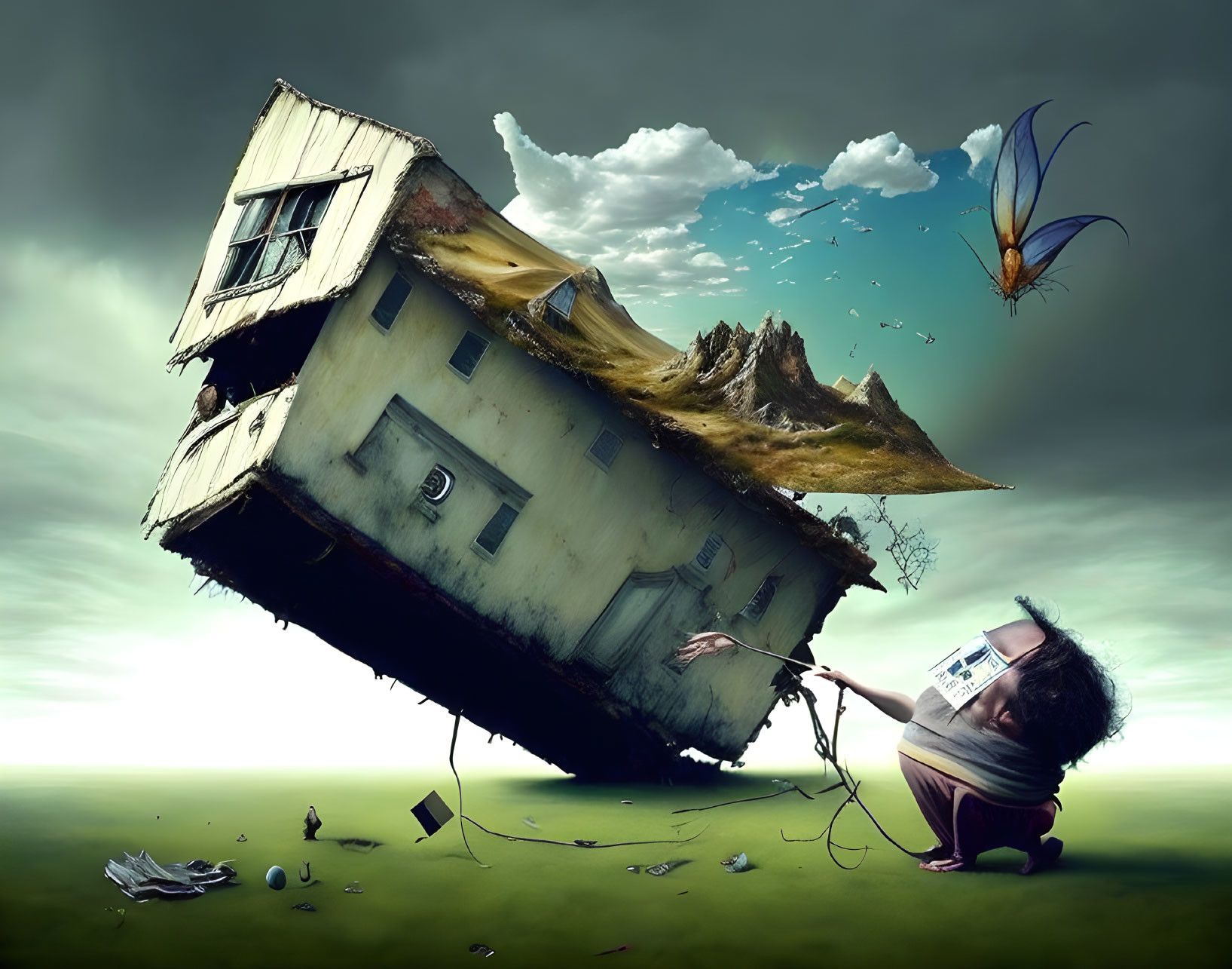 Floating tilting house, person with TV head, giant butterfly in surreal scene