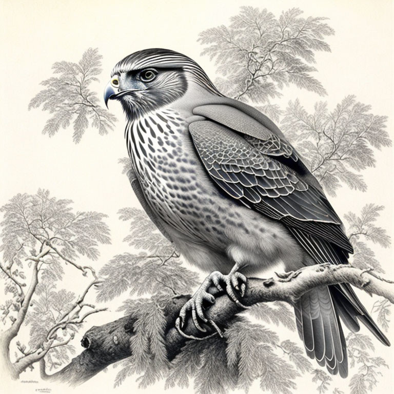 Detailed Peregrine Falcon Illustration Perched on Branch