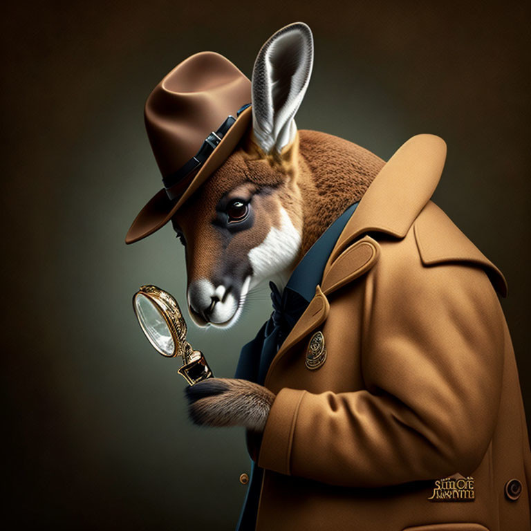 Anthropomorphic kangaroo detective with hat, coat, and magnifying glass