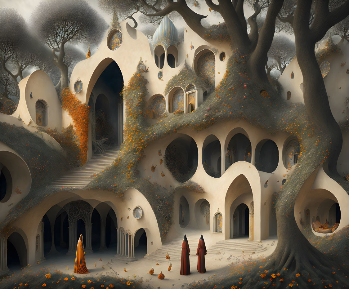 Surreal architectural structure with arched doorways and figures in cloaks amid autumn leaves