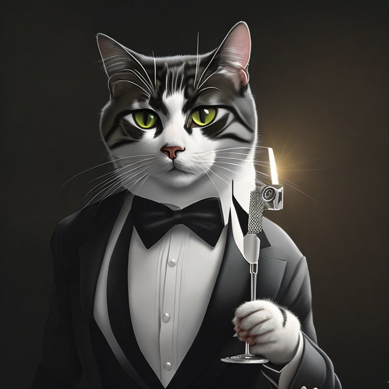 Sophisticated cat illustration with green eyes in tuxedo holding candlestick