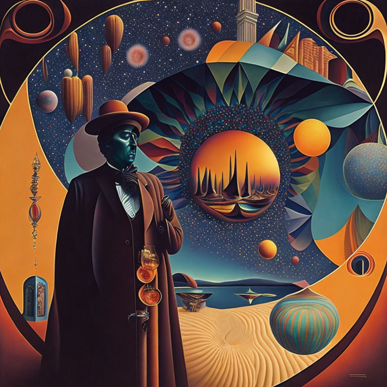 Surreal portrait of a man in period attire with cosmic and architectural elements