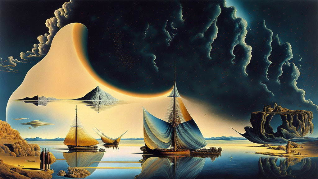 Surreal landscape with ship-like mountains, mirrored water, moon, clouds, and starry sky