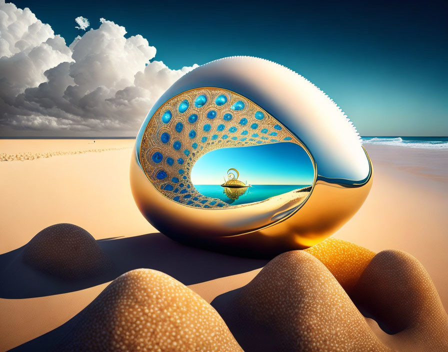 Surreal egg-shaped object with peacock feather design on sandy beach under blue sky