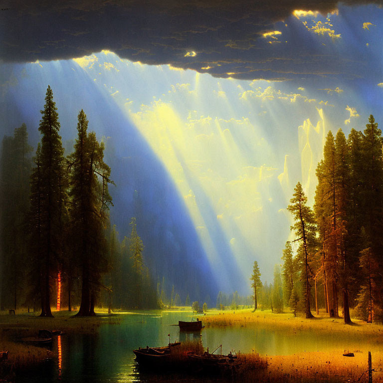 Sunbeams through clouds over serene forest and lake with boat