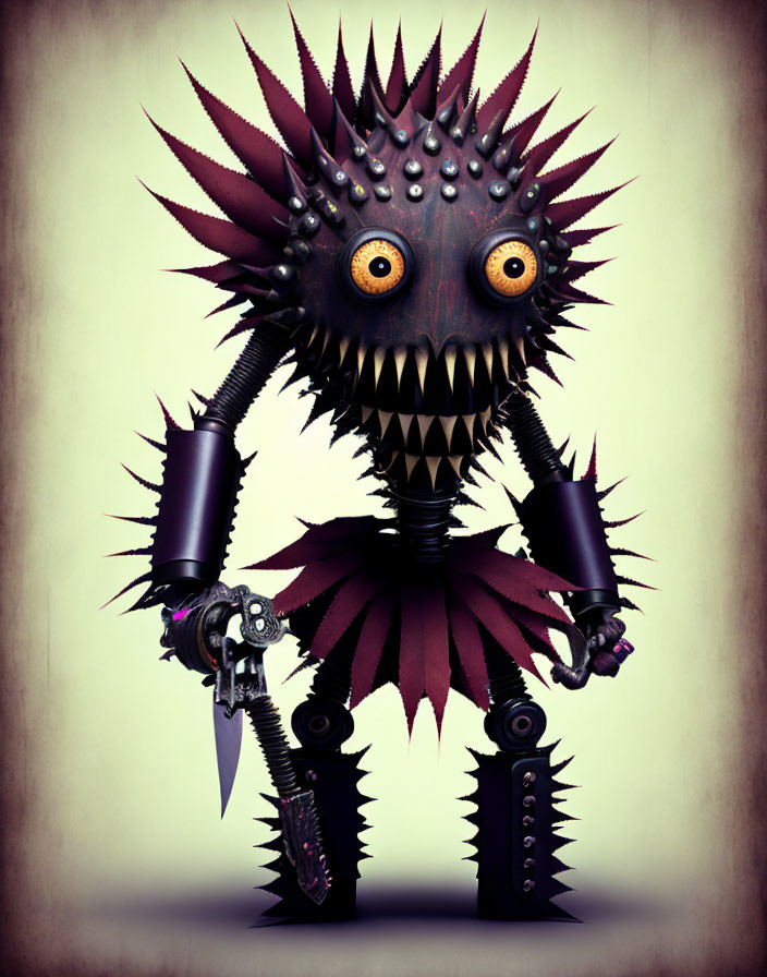 Spiky animated creature with yellow eyes, sharp teeth, robotic arms, saws, dark body