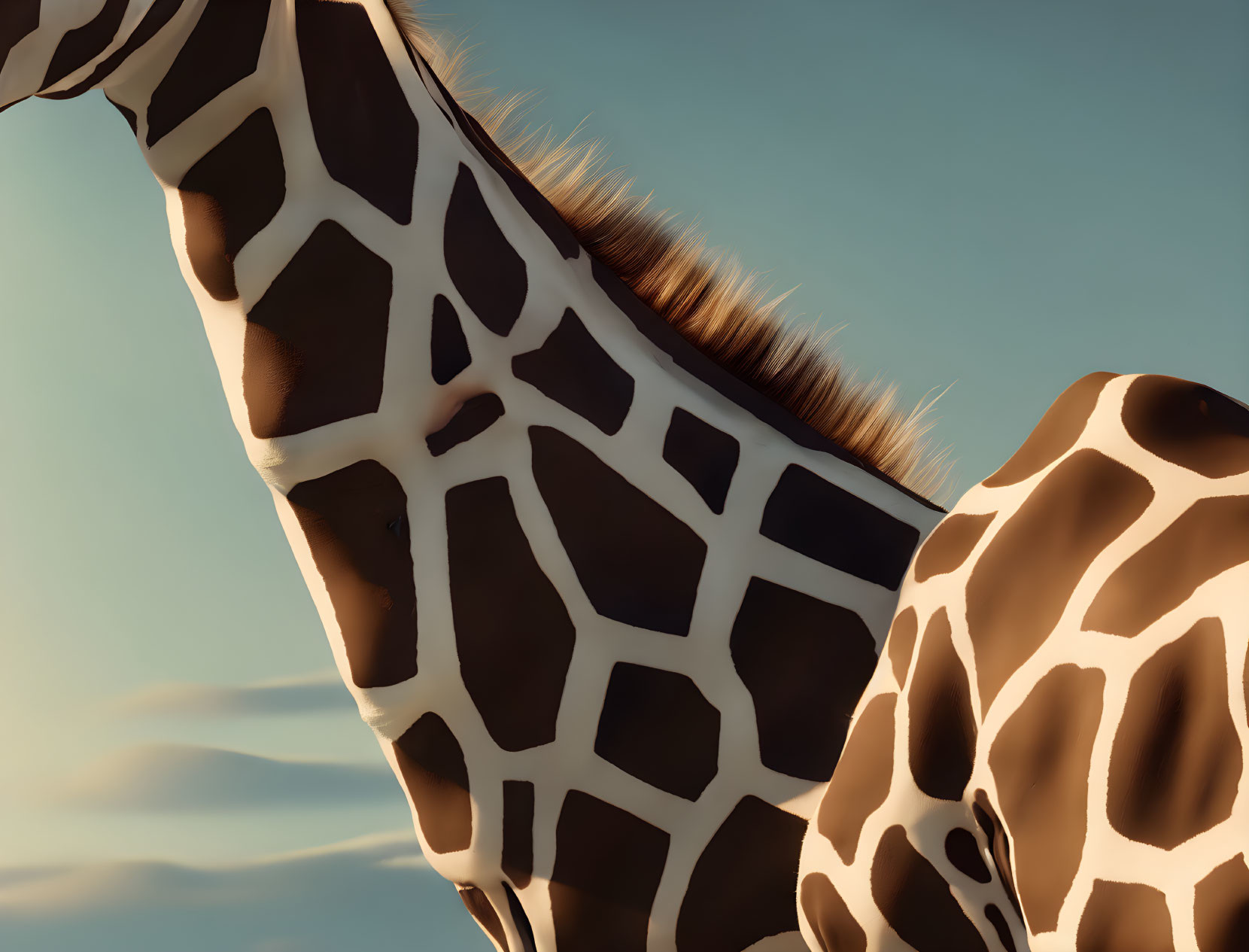 Detailed patterns on giraffe's neck and torso against soft blue sky