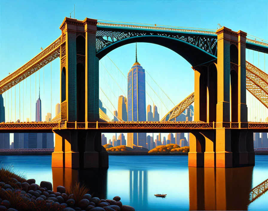 Illustration of intricate bridge over calm river with city skyline and tower.