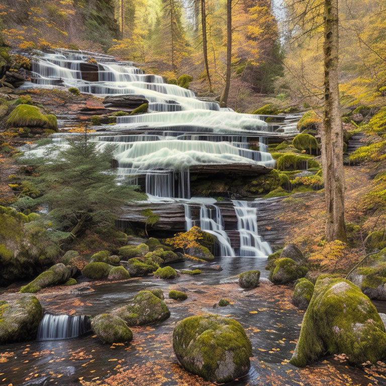 Tranquil waterfall surrounded by autumn foliage and moss-covered rocks