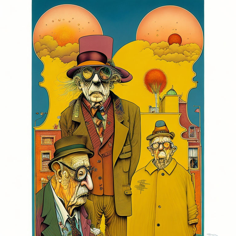 Surreal image: Three elderly men in unique hats and glasses under double suns