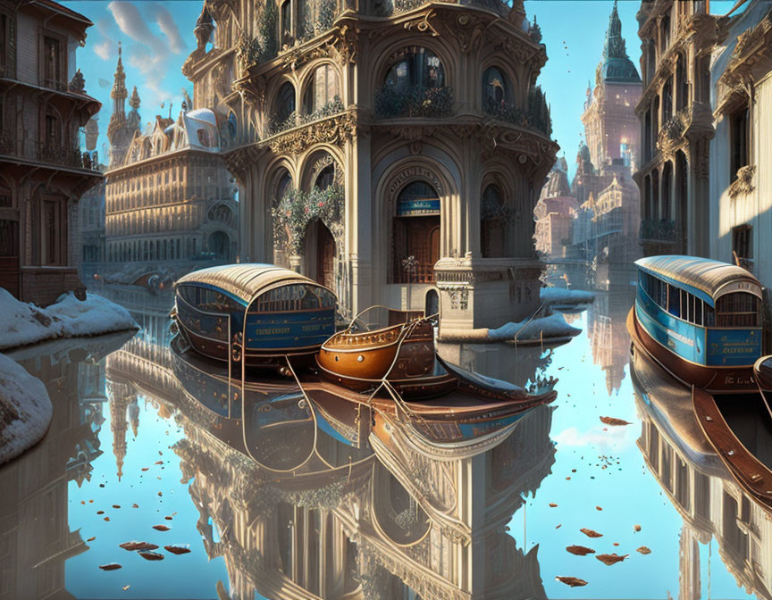 Venetian-style architecture in a snowy cityscape with calm water canals