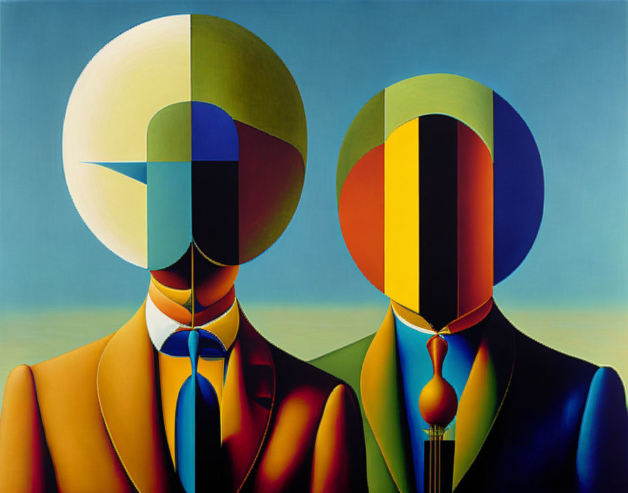 Abstract, segmented faces on figures in colorful suits against blue background