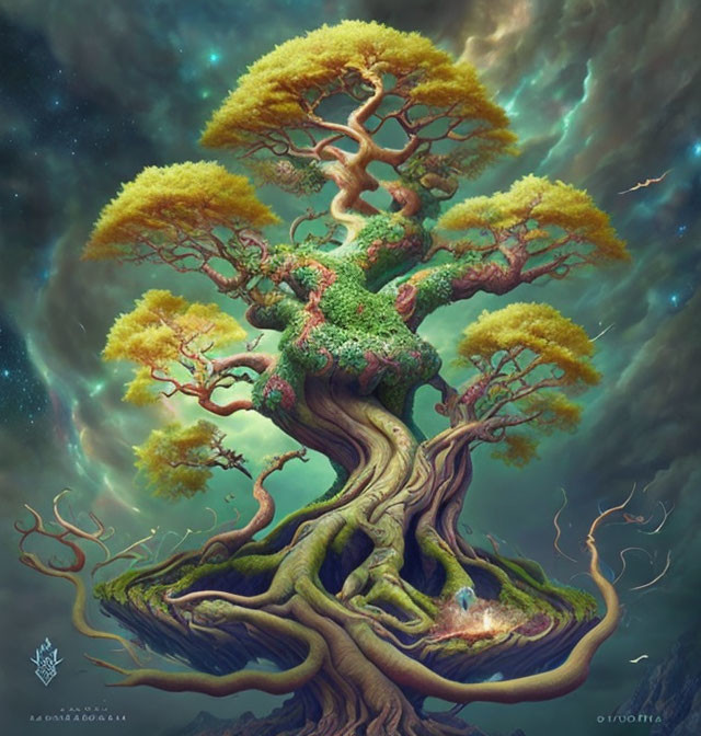 Mystical tree digital artwork with celestial background