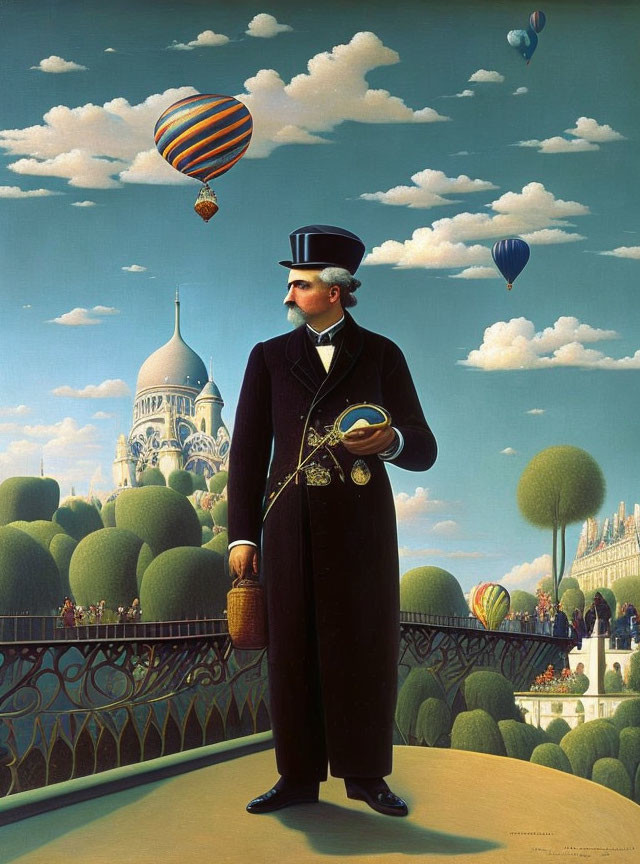 Man in 19th-Century Attire with Telescope and Hot Air Balloon Basket on Bridge