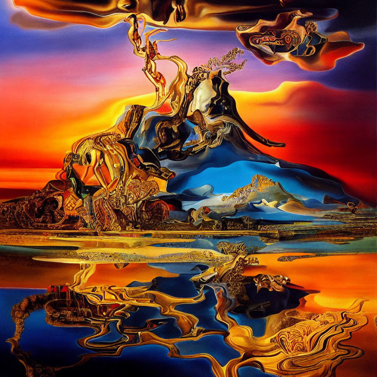 Vibrant sunset hues in surreal painting with melting landscapes and distorted figures