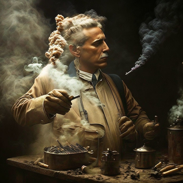 Man with Sculpted Hair Lighting Cigar Among Smoke & Paraphernalia