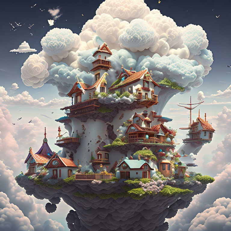 Floating island with Eastern-style buildings in lush greenery under brain-shaped clouds