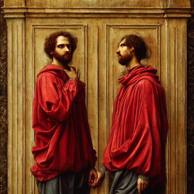 Two Men in Red Cloaks Standing Before Wooden Door