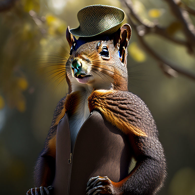 Anthropomorphic squirrel in suit and green hat in forest setting