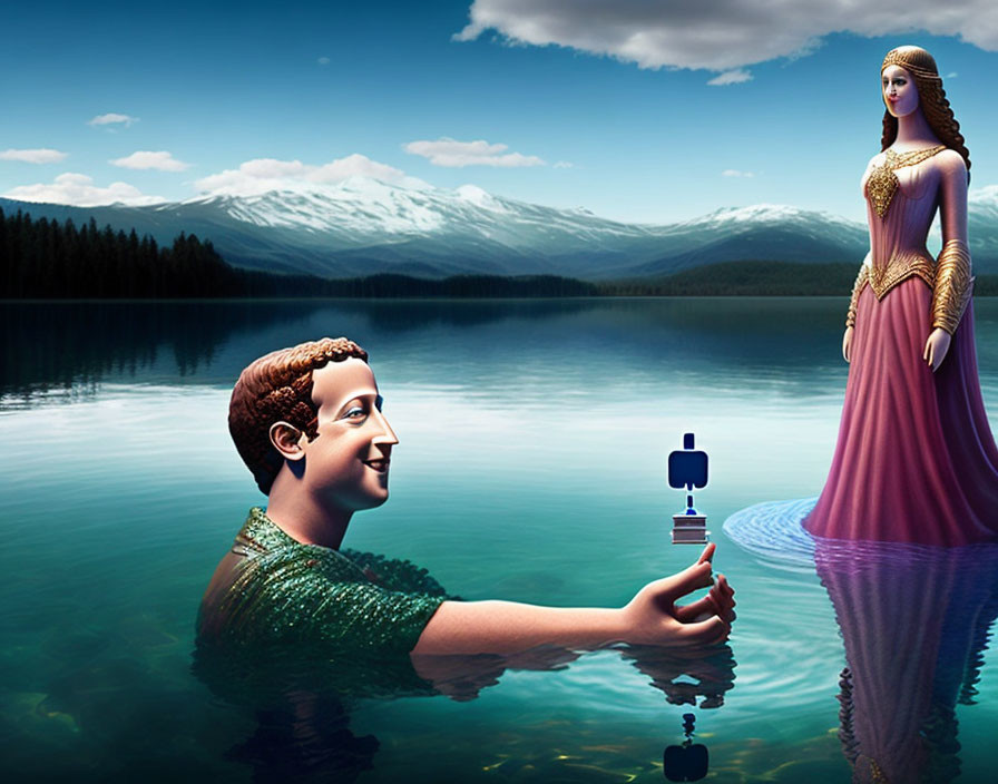 Surreal image of human-faced figure with fish body offering chess piece to woman by mountain lake