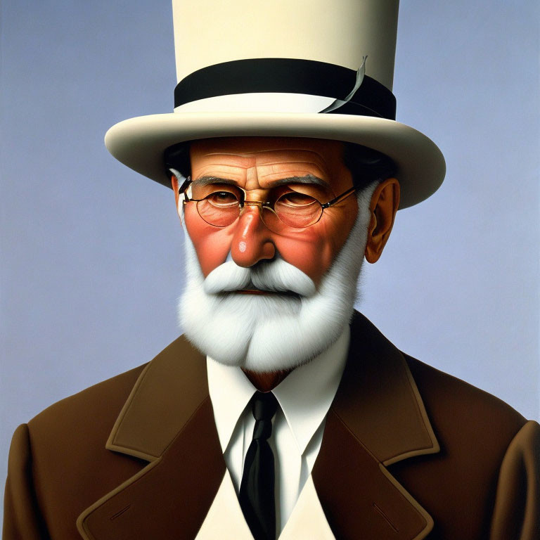 Stylized portrait of gentleman with white facial hair and brown suit