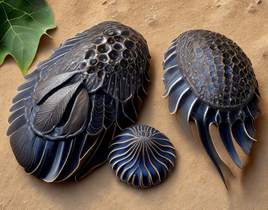 Sculpted trilobite and sea urchin objects on sandy surface with leaf