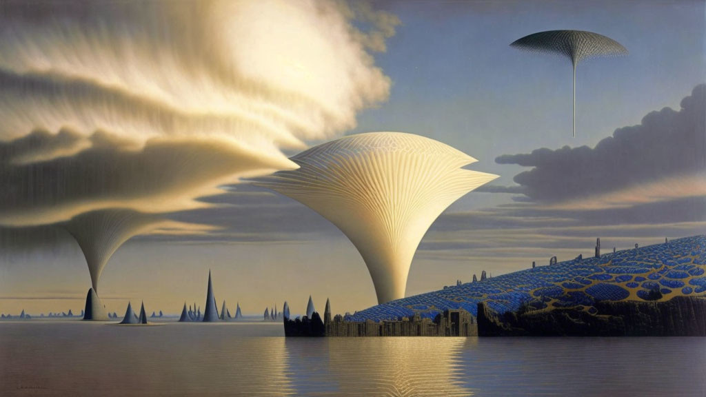 Unique Mushroom Structures in Surreal Landscape with Calm Lake and Parachute-Like Object