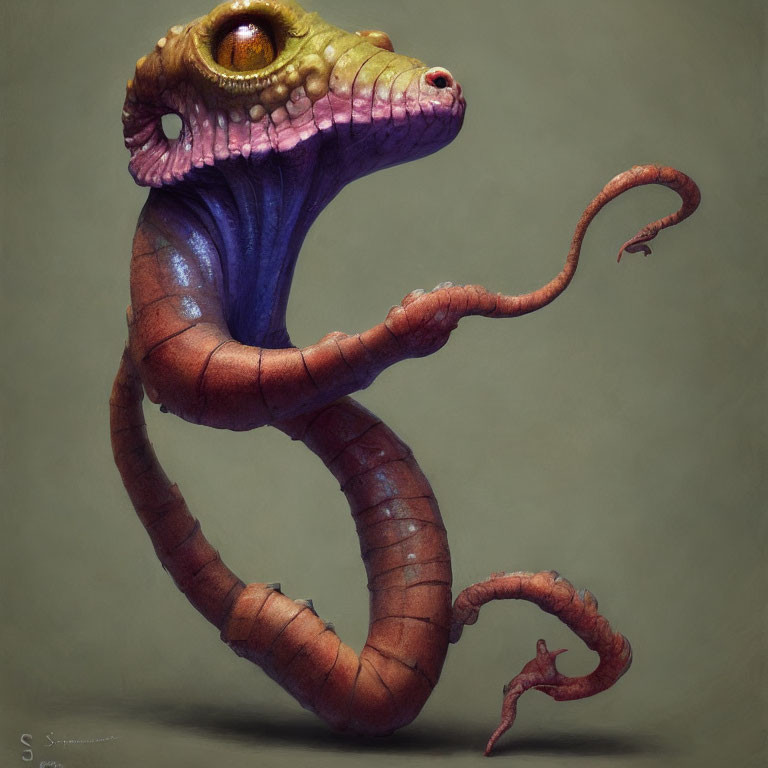 Fantastical serpent-like creature with large eyes and purplish skin