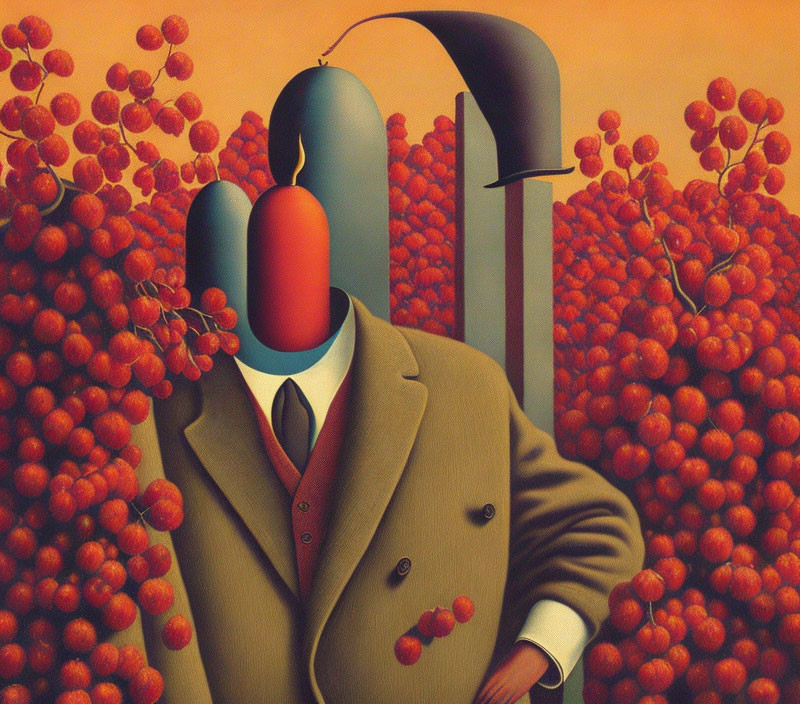 Man in suit with fruit face & berry trees background