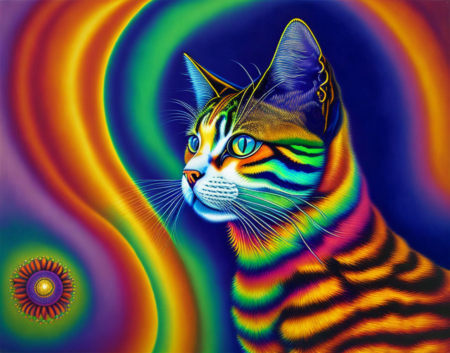 Colorful Cat with Rainbow Stripes on Psychedelic Background