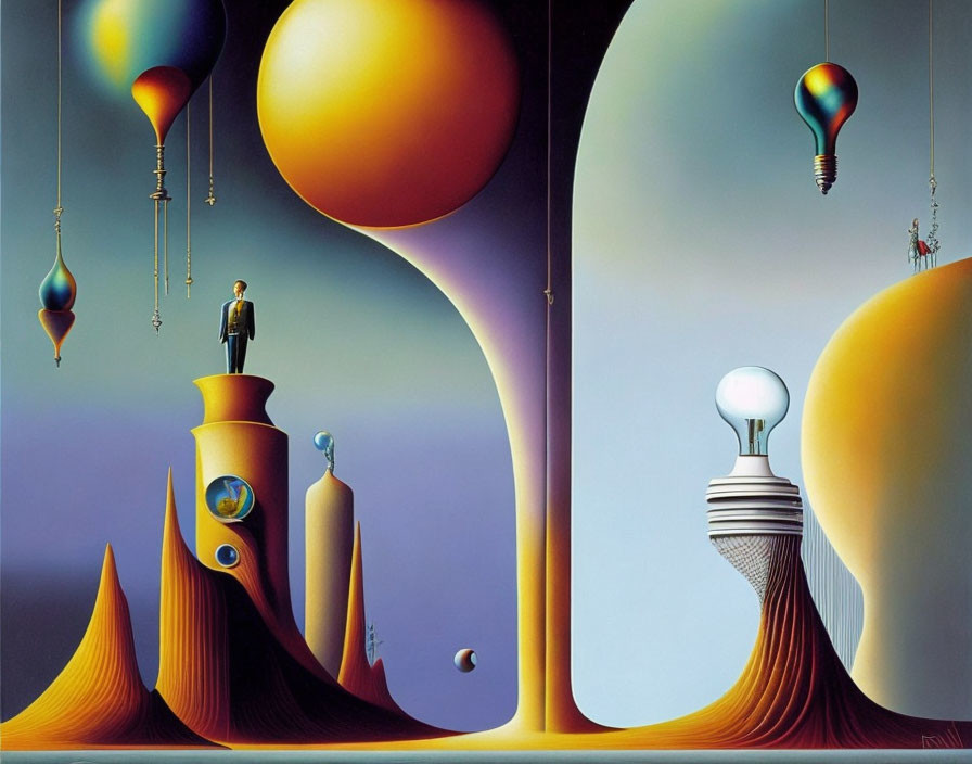 Surrealistic painting: floating orbs, light bulb, chess-like objects on dual-toned background