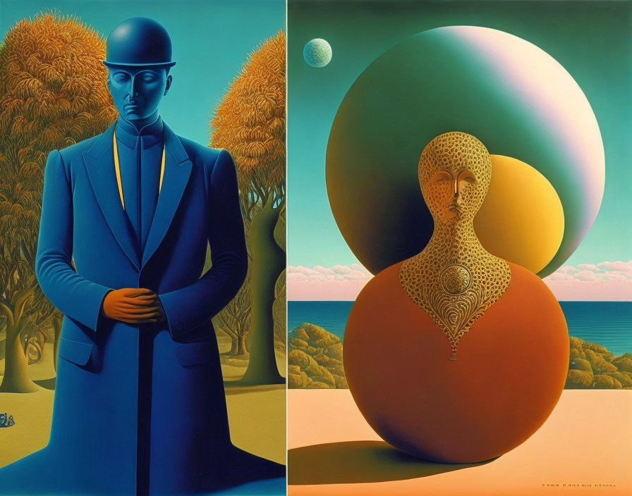 Surreal diptych: man in blue suit by the sea and robed figure with celestial