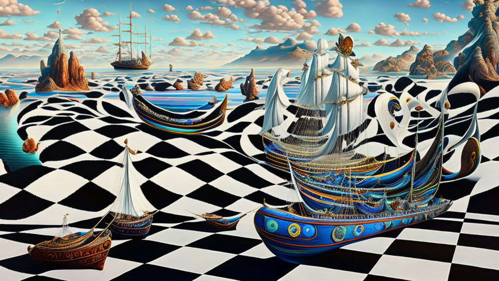 Intricately designed ships on checkered sea with rocky landscapes