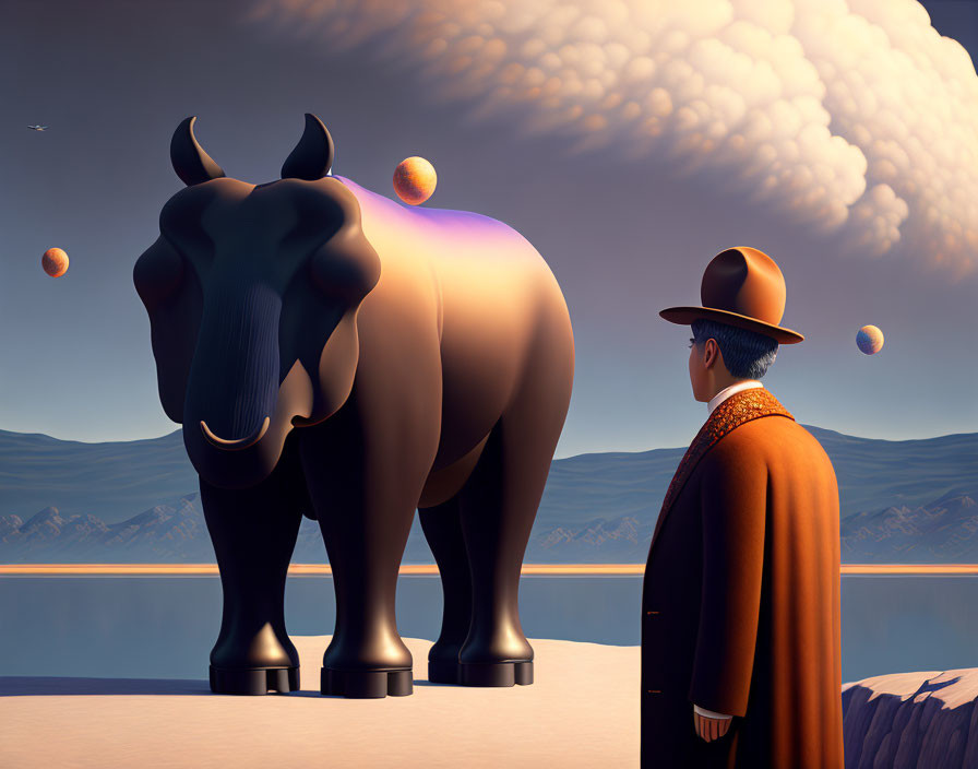 Man in hat and coat gazes at surreal bull statue with floating planets in serene seascape.