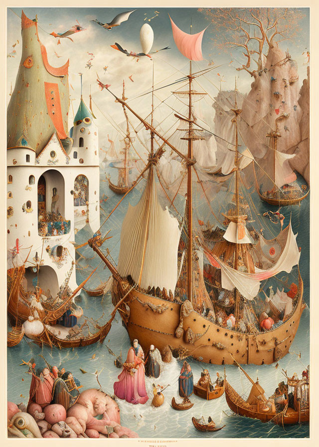 Fantastical nautical scene with ships, islands, and whimsical characters