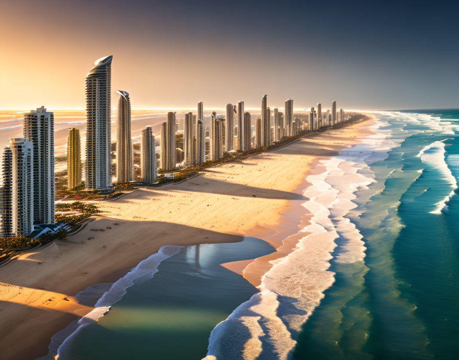 Coastal City Skyline at Sunset with Beach and High-rise Buildings