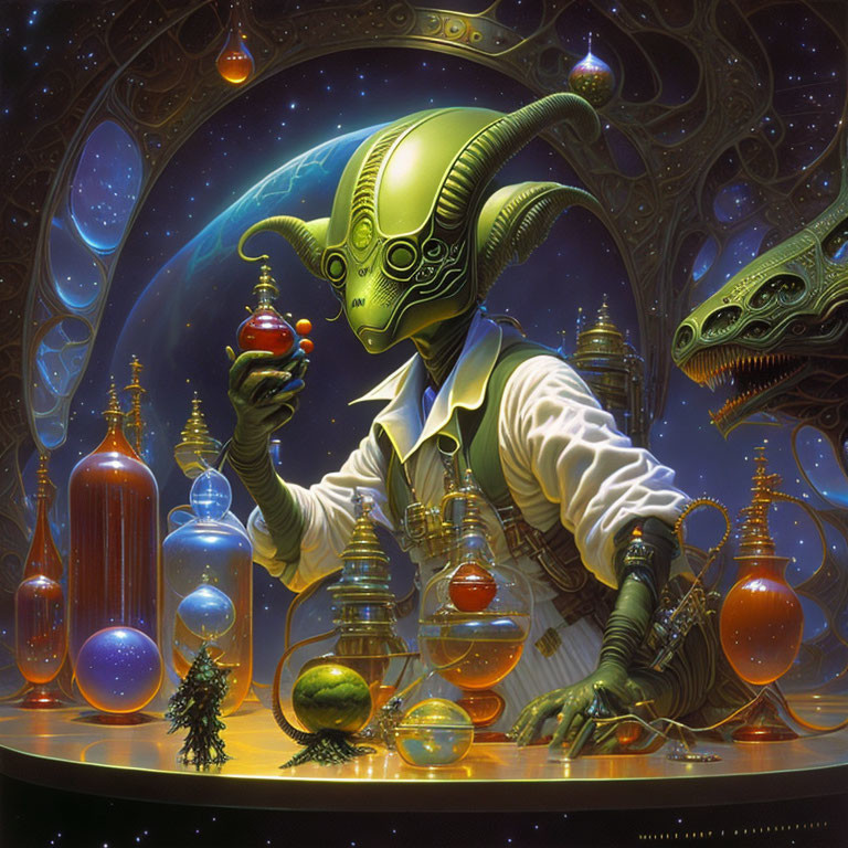 Alien with grasshopper-like head and red orb among glass containers and dinosaur.