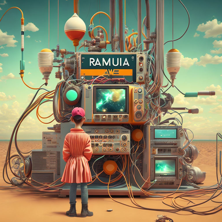 Person in Pink Dress Stands by Complex Machine in Desert Landscape