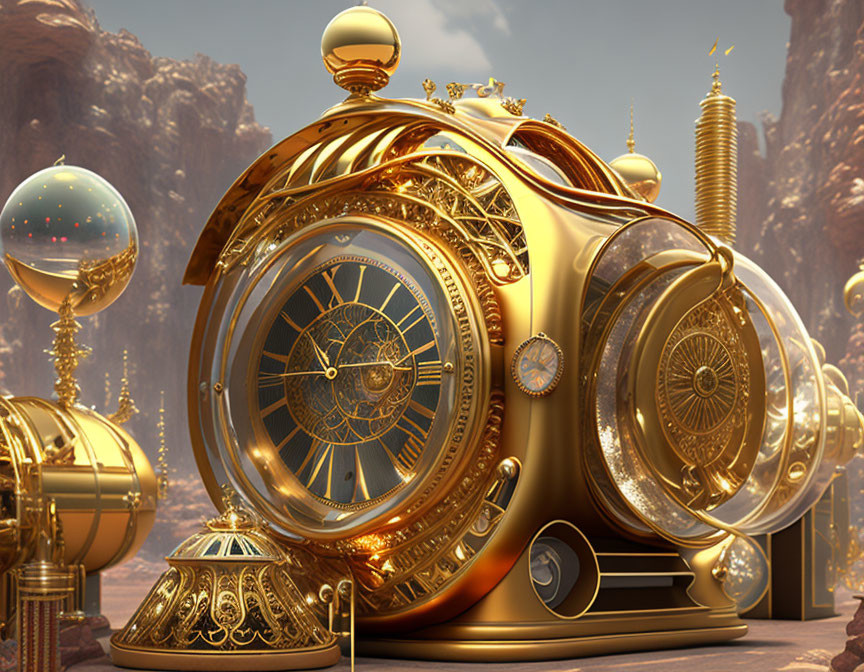 Intricate golden clock against fantastical backdrop