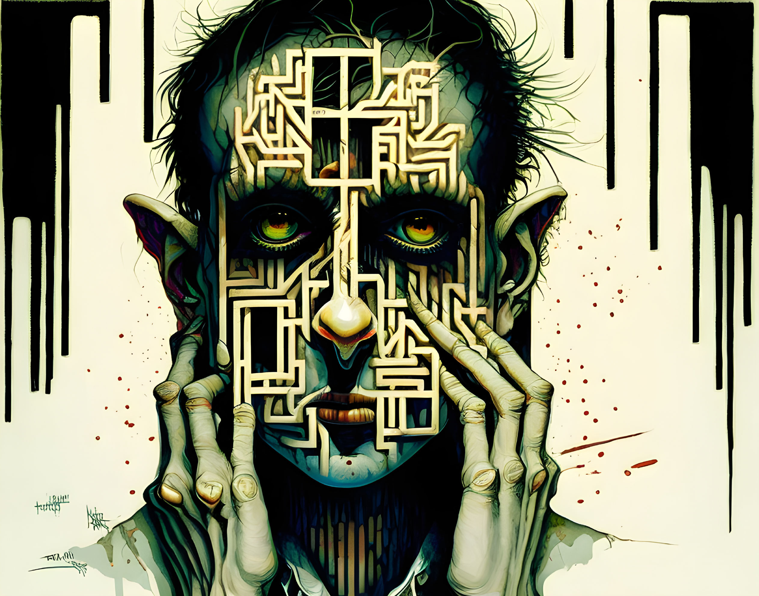 Person with labyrinth-like facial tattoo and slit pupils in dark background