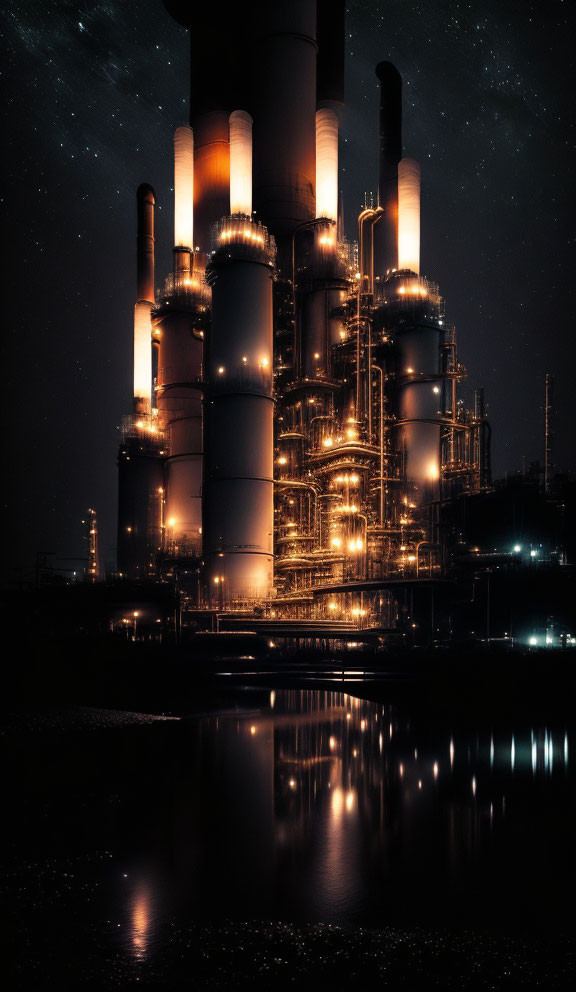 Industrial plant with illuminated chimneys reflected in water at night