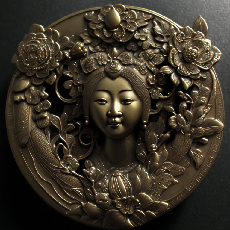 Intricately Detailed Bronze Relief of Female Figure with Floral Motifs